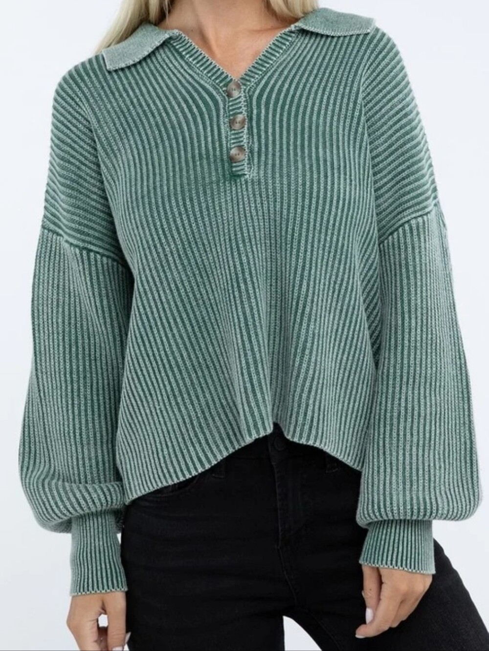 NWOT Zenana Washed Collared Henley Ribbed Sweater Top in Dark Green Size S,M,L